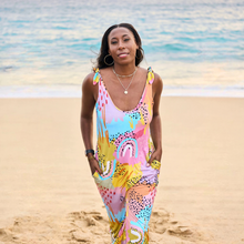 Load image into Gallery viewer, milimili pronoun modern rainbow sleep and play romper in retro rainbow print