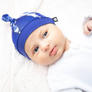 Milimili Playa Blue tie dye Beanie in bamboo jersey, shown on six-month-old baby