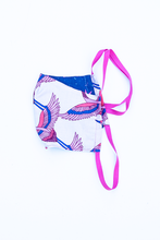 Load image into Gallery viewer, crane print pink purple and blue reversible cloth face mask with blue star print on reverse