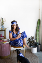 Load image into Gallery viewer, woman wearing milimili playa blue eye mask and sleep romper