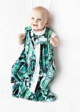 Load image into Gallery viewer, safe bamboo sleep sack, safe sleep sack, baby in palm print / banana leaf print sleep sack with white pompom trim - available in XL toddler size sleep sack