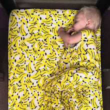 Load image into Gallery viewer, milimili pack n play sheet in yellow kona banana print, best travel crib sheet, best crib sheet, best packnplay sheet, bamboo crib sheet, best kids travel product