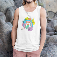 Load image into Gallery viewer, unisex adult tank with modern rainbow design by milimili for pronoun by jesse tyler ferguson, as shown on man