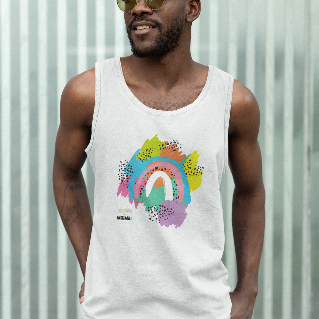 unisex adult tank with modern rainbow design by milimili for pronoun by jesse tyler ferguson, as shown on man