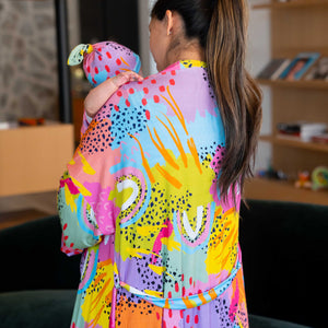 back view of MiliMili Modern Rainbow robe and duster designed in collaboration with Pronoun by Jesse Tyler Ferguson, bamboo robe, mom matching daughter