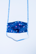 Load image into Gallery viewer, back of milimili azul tropical face mask - showing navy with hot pink stars