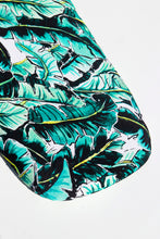 Load image into Gallery viewer, Close up shot of Kauai One (palm print) bassinet sheet featuring green and bright yellow banana leaves, Best bassinet sheet, bamboo bassinet sheet