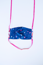Load image into Gallery viewer, back of milimili crane face mask - featuring navy blue and hot pink star print