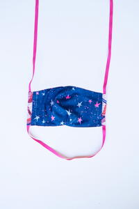 back of milimili crane face mask - featuring navy blue and hot pink star print