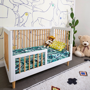 palm print crib sheets with banana toddler pillow case from milimili, bamboo crib sheet, best crib sheet