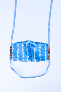 back of milimili fish face mask - featuring blue and white vine print 