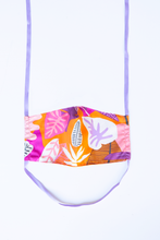 Load image into Gallery viewer, front of milimili guava face mask - featuring purple orange and pink tropical print 