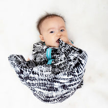 Load image into Gallery viewer, baby wearing black and white watercolor sleep sack with aquamarine contrast trim. best sleep sacks for toddlers. 