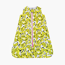 Load image into Gallery viewer, safe bamboo sleep sack, safe sleep sack, Kona Sleep Sack, Yellow Banana print on a white background with coral zipper and white trim. the best new parent gifts.