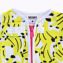 Load image into Gallery viewer, Zipper Detail on Kona Sleep Sack, Yellow Banana print on a white background with coral zipper and white trim. the best new parent gifts.