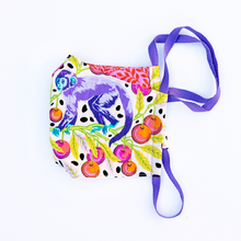 Load image into Gallery viewer, Colorful purple monkey and cherry print face mask with reversible red and pink floral print back. 