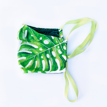 Load image into Gallery viewer, green monstera palm print face mask with reversible blue backing -  milimili