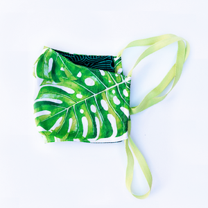 green monstera palm print face mask with reversible blue backing -  milimili