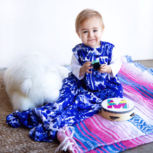 Baby wearing MiliMili Playa Blue tie dye sleep sack. Made in the USA from bamboo jersey. Best sleep sacks for toddlers.