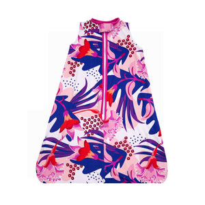 puebla rosa sleep sack, floral design featuring pinks, navy, and purple with pink trim. The best sleep sacks for summer.
