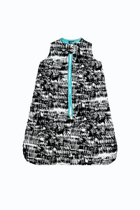 Kilauea Sleep Sack, Black brush strokes on white ground with light blue zipper trim. the best toddler sleep sacks. 