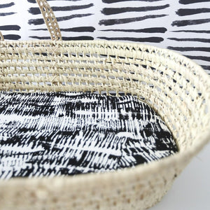 MiliMili modern black and white Bassinet Sheet, Kilauea print, shown in standard Moses basket, Best bassinet sheet, bamboo bassinet sheet