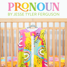 Load image into Gallery viewer, pronoun by jesse tyler ferguson, modern rainbow sleep sack in pink mint blue lime green lavender, orange and yellow
