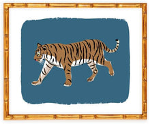 Load image into Gallery viewer, tiger art pritn on blue ground - shown to depict how it would look if framed. 
