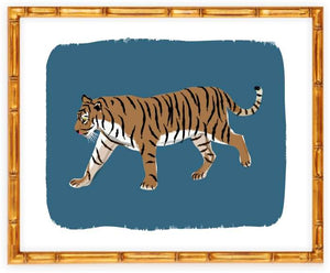 tiger art pritn on blue ground - shown to depict how it would look if framed. 