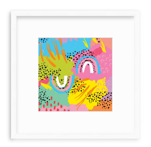 MiliMili Modern Rainbow Art Print, shown in white wood frame, designed in collaboration with Pronoun by Jesse Tyler Ferguson